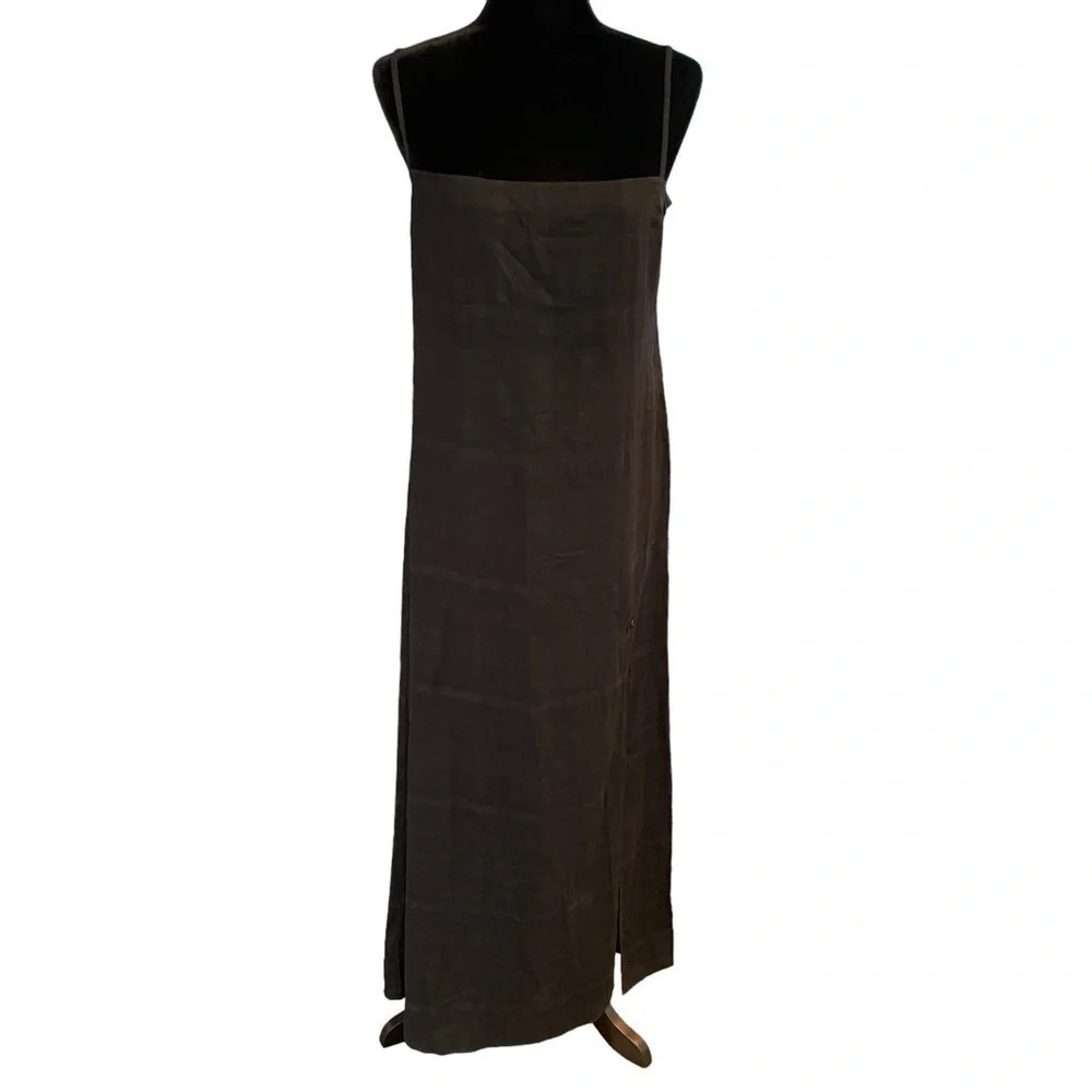 Reformation Black Linen Blend Square Neck Spaghetti Strap Maxi Side Slit Dress S